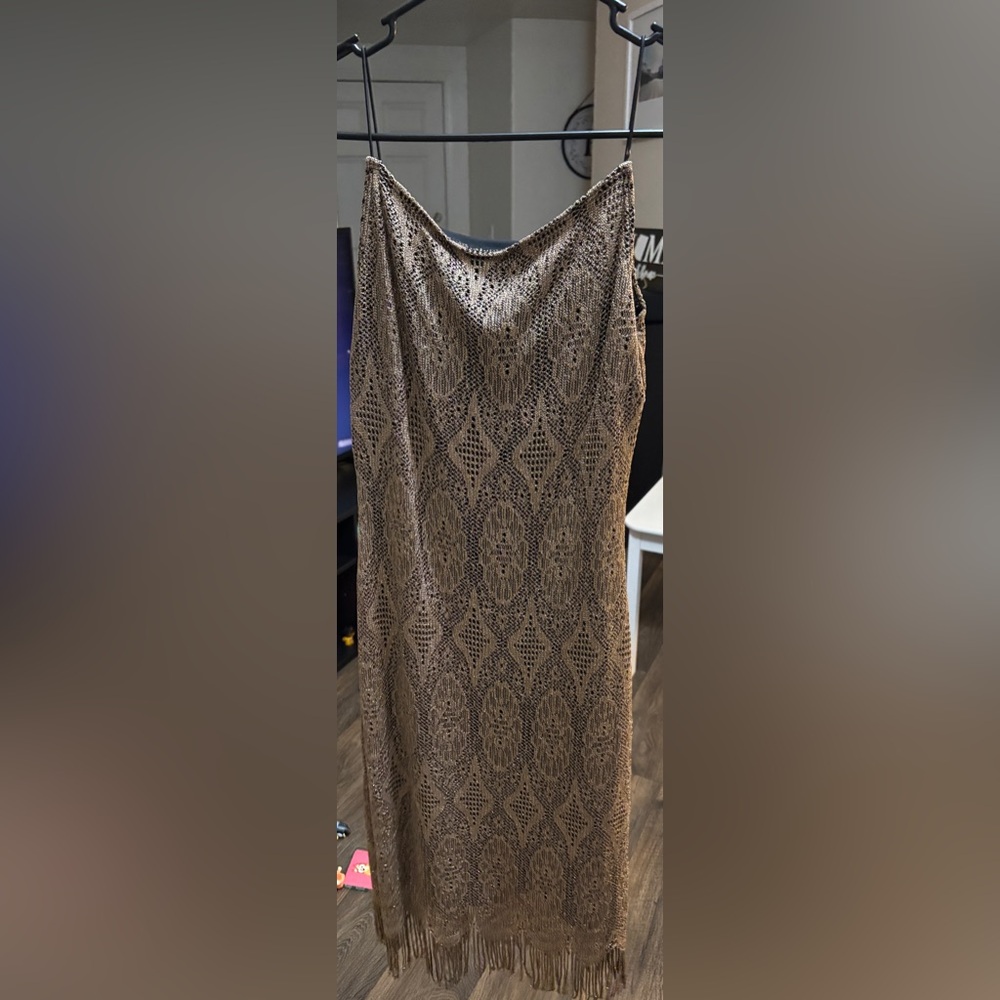 My Michelle Sparkly Gold Lace Dress with fringe - Medium